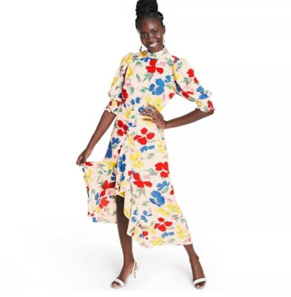 RIXO Dresses & Skirts - Rixo Target Abstract Floral Mock Neck Ruffle Midi Dress Size 8 Multicolored
